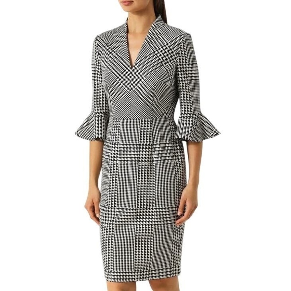 Escada Houndstooth Glen Plaid Virgin‎ Wool Sheath Dress Ruffle Sleeve Sz 34 US 2